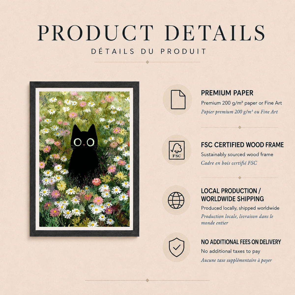 Affiche chat noir dans un champ de marguerites, poster illustration naïve, art mural vert et blanc