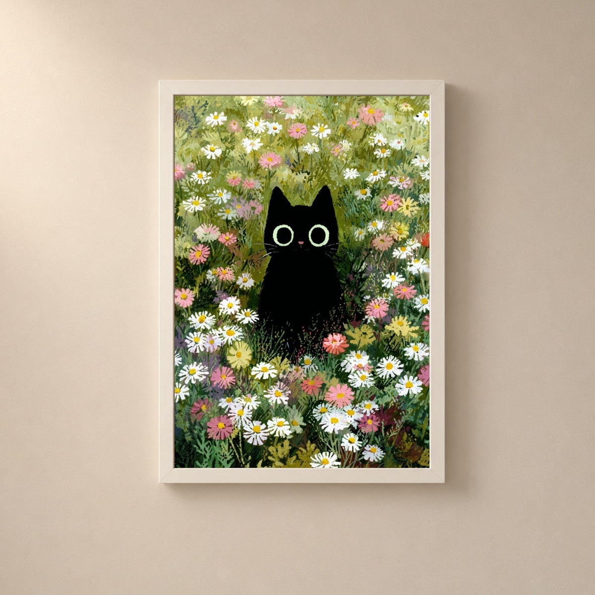 Affiche chat noir dans un champ de marguerites, poster illustration naïve, art mural vert et blanc