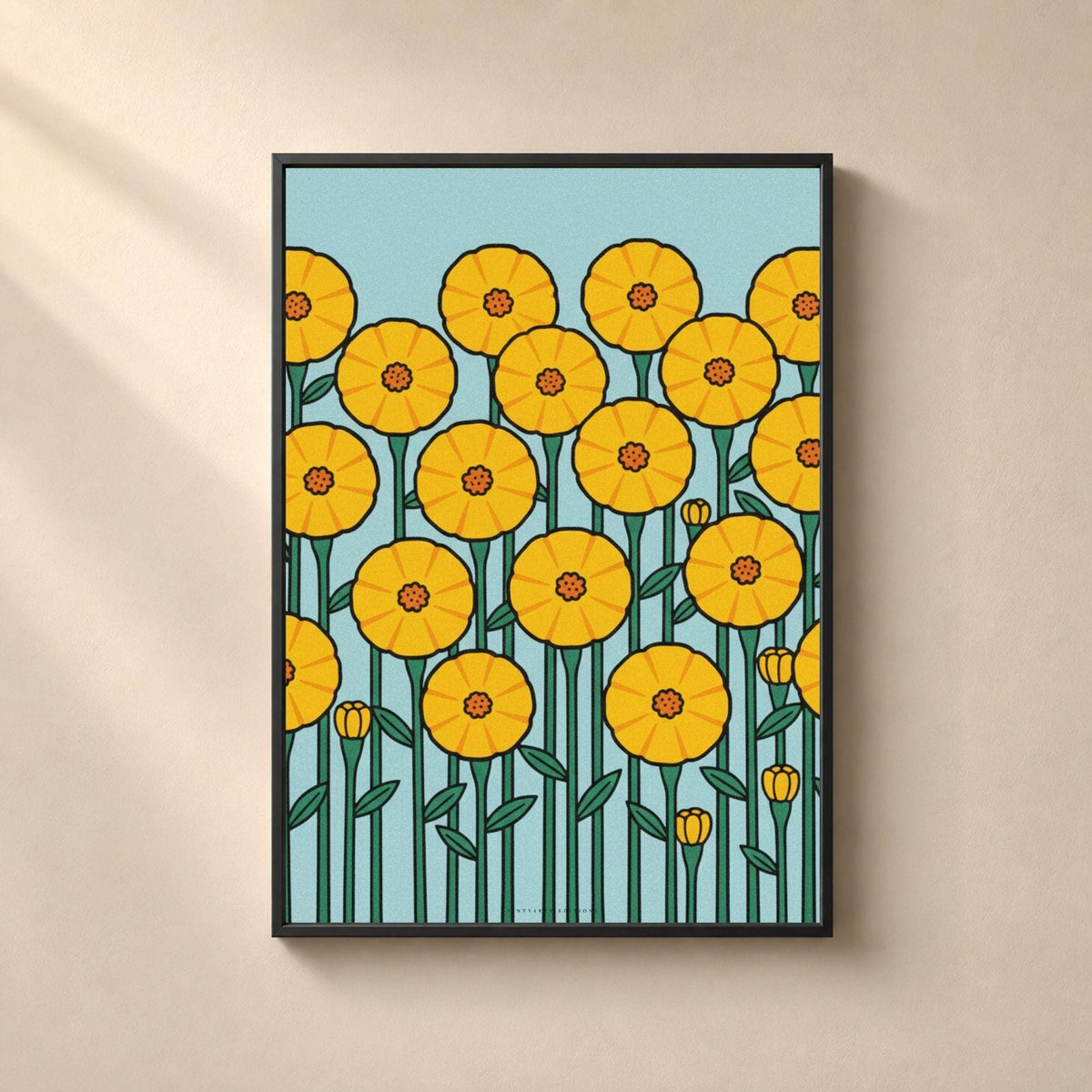 Affiche fleurs jaunes graphiques sur fond bleu, poster rétro mid-century, art mural jaune et bleu