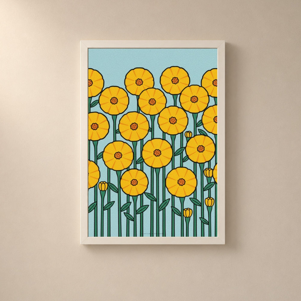 Affiche fleurs jaunes graphiques sur fond bleu, poster rétro mid-century, art mural jaune et bleu