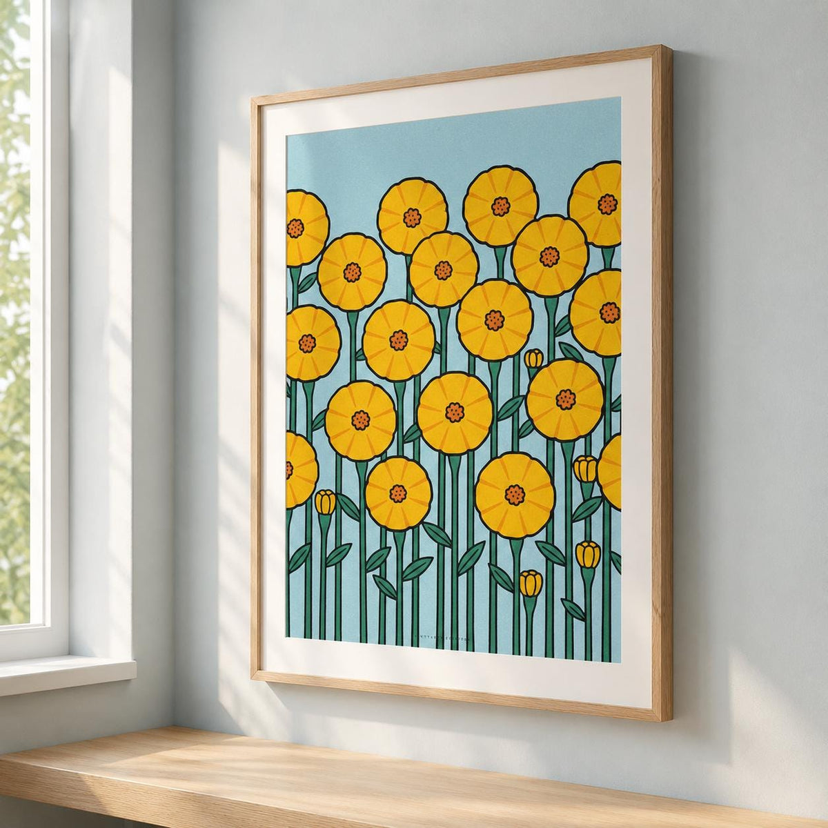 Affiche fleurs jaunes graphiques sur fond bleu, poster rétro mid-century, art mural jaune et bleu