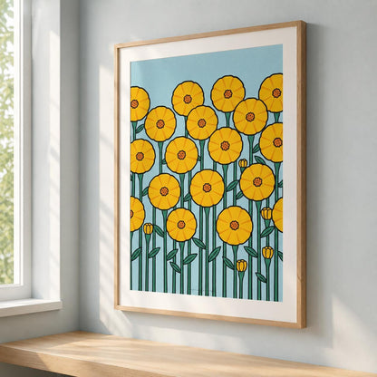 Affiche fleurs jaunes graphiques sur fond bleu, poster rétro mid-century, art mural jaune et bleu