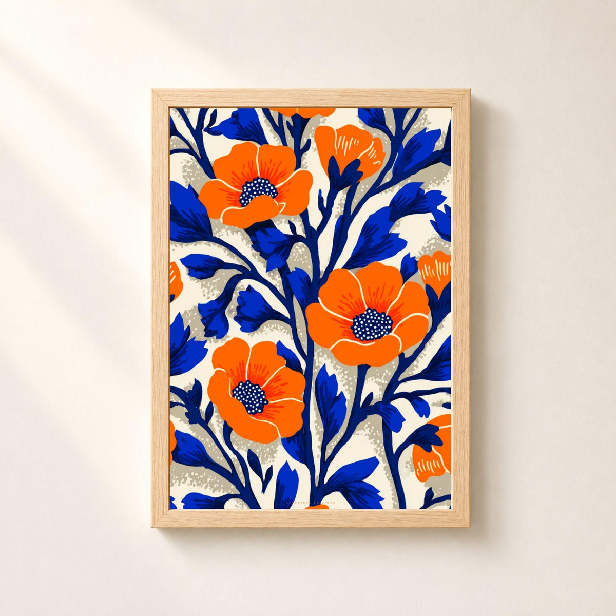 Affiche pavots orange et feuillage bleu, poster floral folk, art mural orange et cobalt