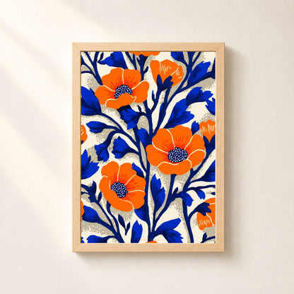 Affiche pavots orange et feuillage bleu, poster floral folk, art mural orange et cobalt