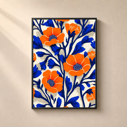 Affiche florale graphique, grands pavots orange vif à cœur bleu nuit ponctué de blanc et étamines rouges, tiges et feuilles en bleu cobalt nervuré, boutons fermés entre les branches, fond crème piqueté d'un semis de points gris, motif coupé par les quatre bords comme un tissu imprimé