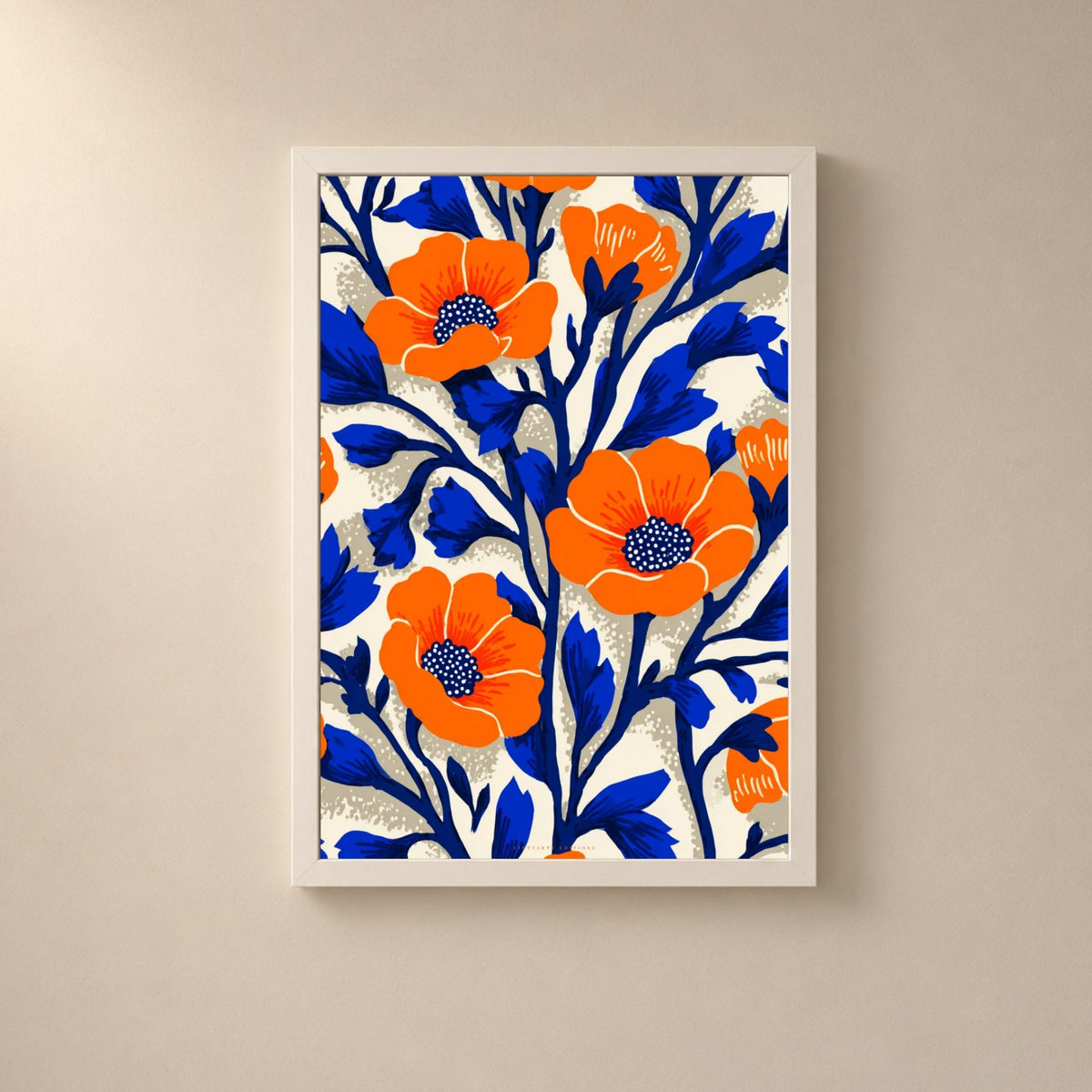 Affiche pavots orange et feuillage bleu, poster floral folk, art mural orange et cobalt
