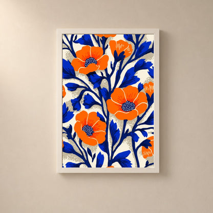 Affiche pavots orange et feuillage bleu, poster floral folk, art mural orange et cobalt