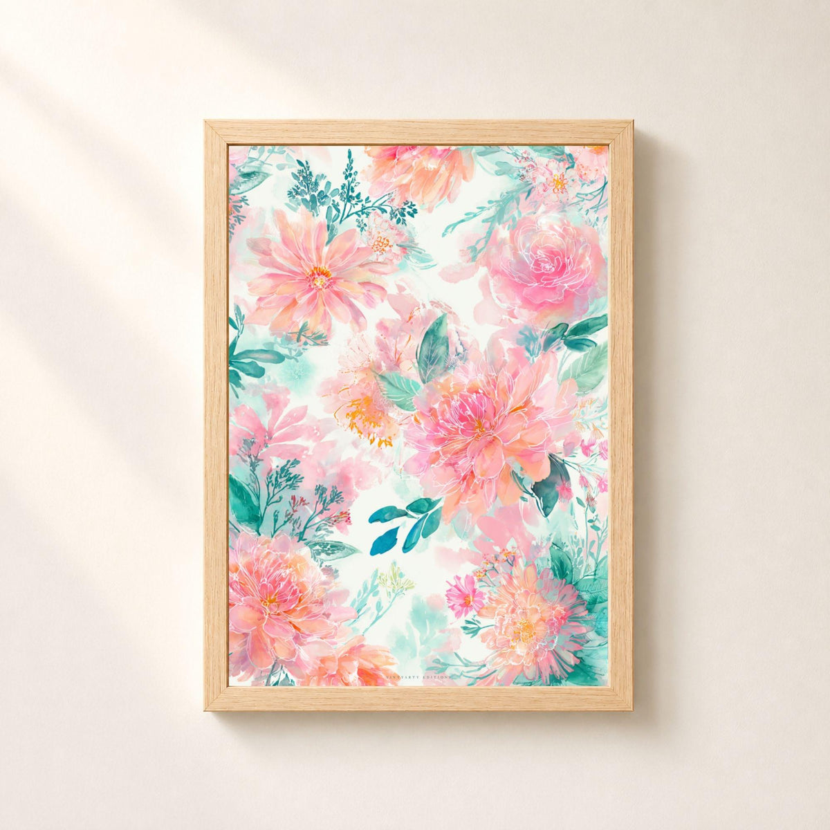 Affiche florale aquarelle rose et vert d'eau, poster fleurs pastel, art mural chambre romantique