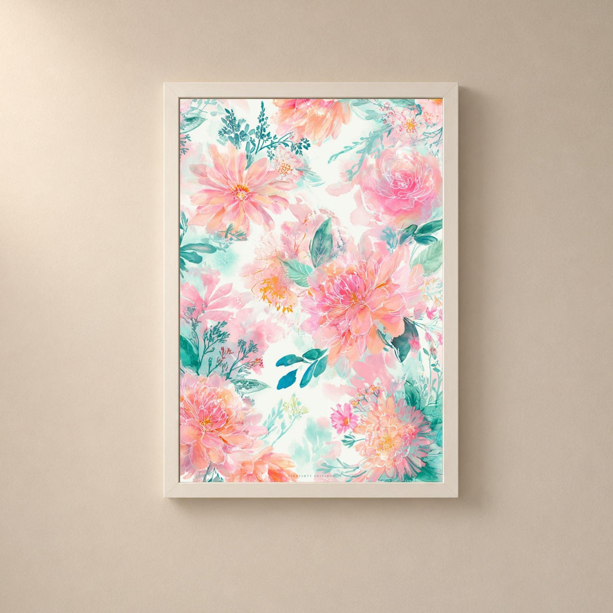 Affiche florale aquarelle rose et vert d'eau, poster fleurs pastel, art mural chambre romantique