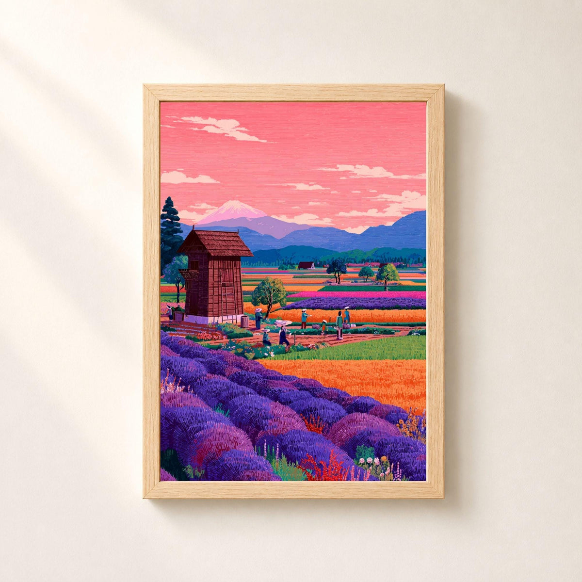Affiche champs de lavande en Provence, poster mas et collines, art mural violet et bleu