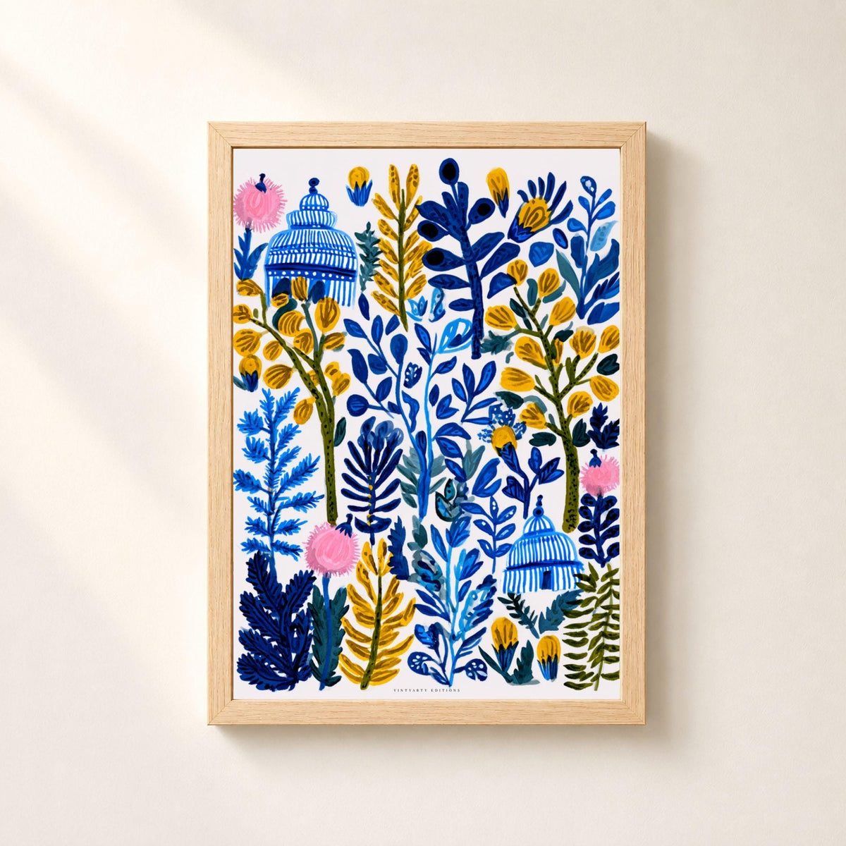 Affiche herbier bleu et jaune, poster botanique folk, art mural bleu et blanc chinoiserie