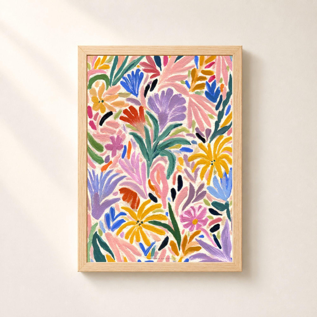 Affiche florale abstraite multicolore, poster fleurs peintes au pinceau, art mural coloré crème