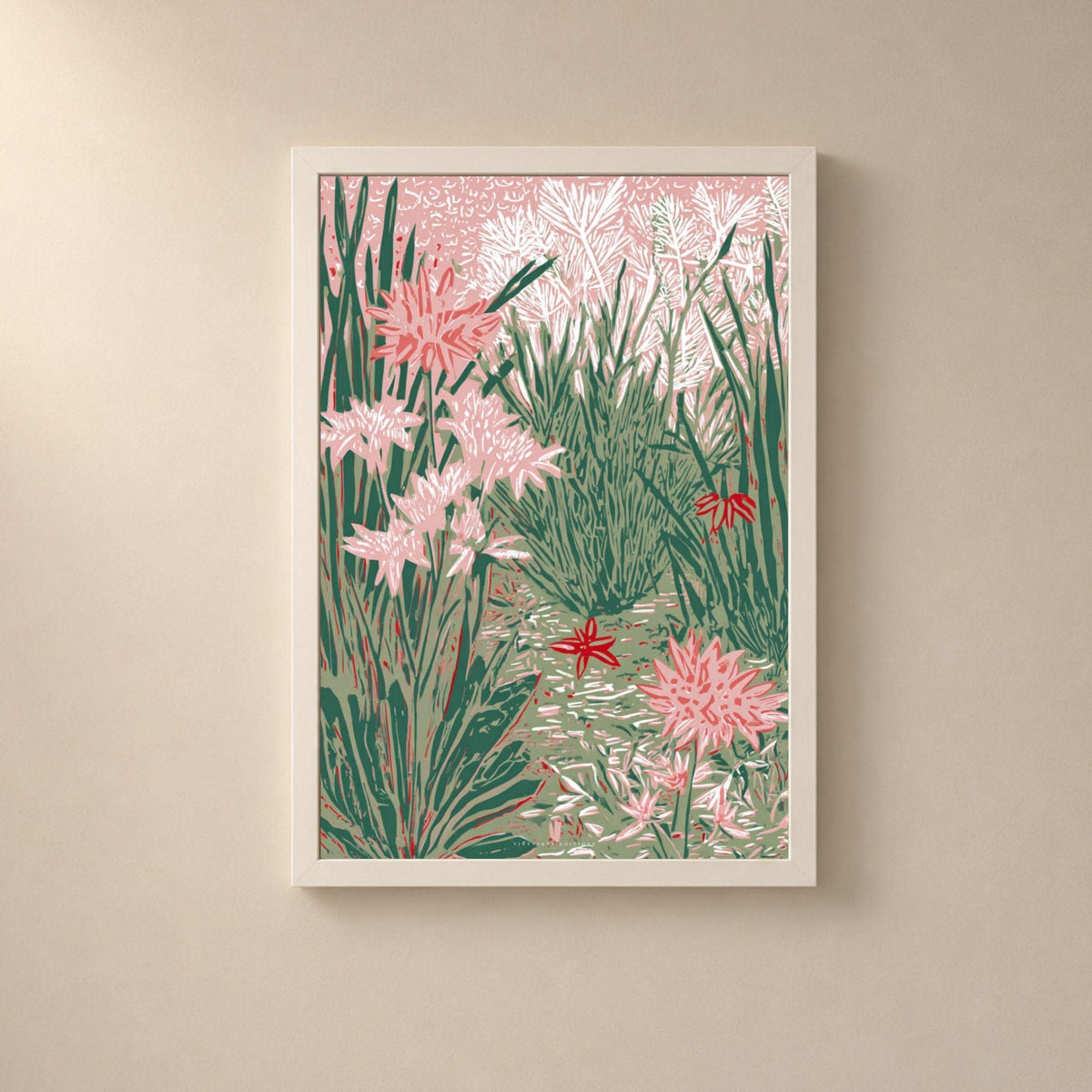Affiche jardin en linogravure rose et vert, poster botanique gravé, art mural vert sauge et rose