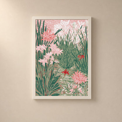 Affiche jardin en linogravure rose et vert, poster botanique gravé, art mural vert sauge et rose