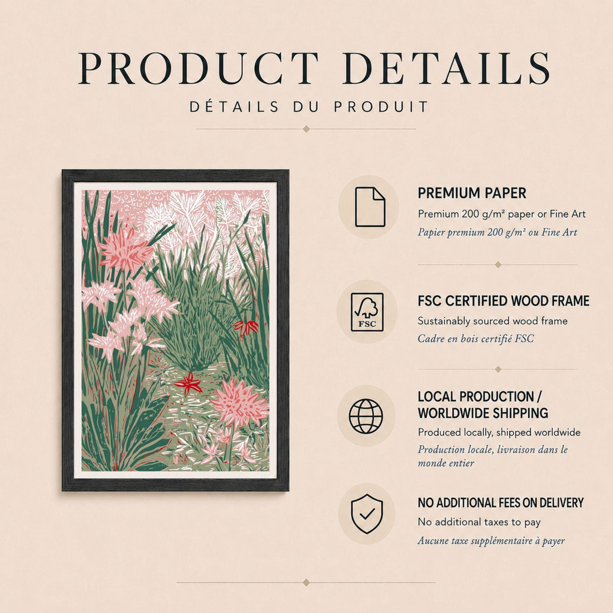 Affiche jardin en linogravure rose et vert, poster botanique gravé, art mural vert sauge et rose