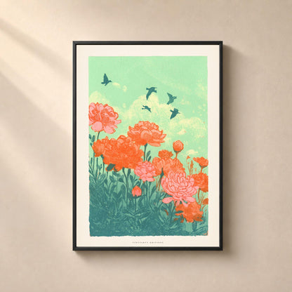 Affiche pivoines corail sur ciel vert menthe, poster risographie oiseaux, art mural rétro