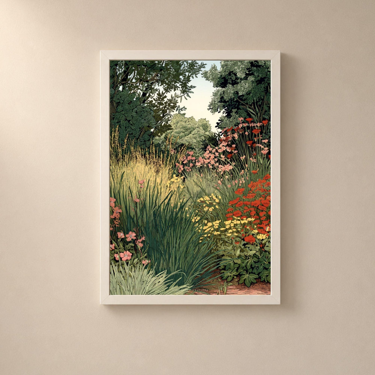 Affiche massif de jardin anglais, poster botanique vert et rouge, art mural nature apaisant