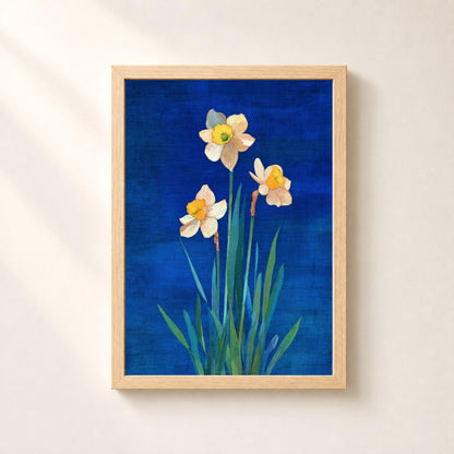 Affiche narcisses sur fond bleu outremer, poster botanique printanier, art mural bleu et jaune