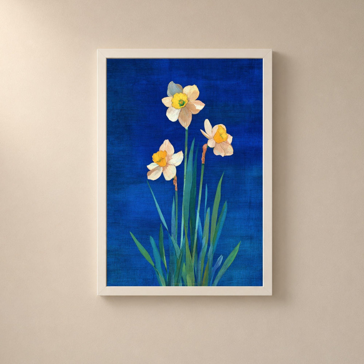 Affiche botanique de trois narcisses sur fond bleu outremer, pétales blanc cassé, crème et beige rosé, trompettes jaune d'or à cœur vert, feuilles rubanées croisées en gerbe du turquoise à l'olive, fond brossé en croisillons laissant voir la trame de la toile.