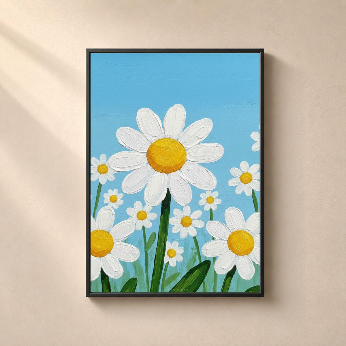 Affiche marguerites sur ciel bleu, poster fleurs naïves, art mural chambre d'enfant