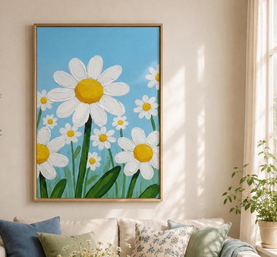 Affiche marguerites sur ciel bleu, poster fleurs naïves, art mural chambre d'enfant
