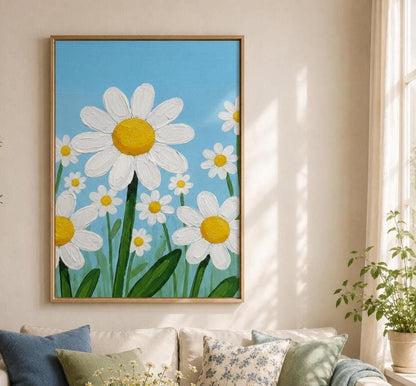 Affiche marguerites sur ciel bleu, poster fleurs naïves, art mural chambre d'enfant