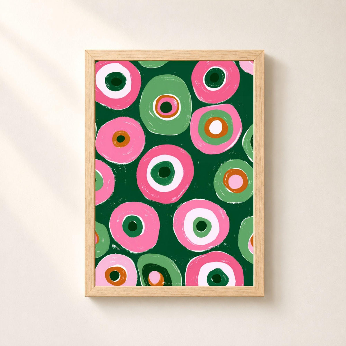 Affiche cercles abstraits rose et vert, poster géométrique rétro, art mural vert sapin