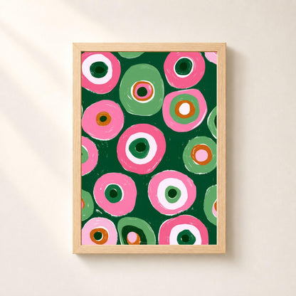 Affiche cercles abstraits rose et vert, poster géométrique rétro, art mural vert sapin