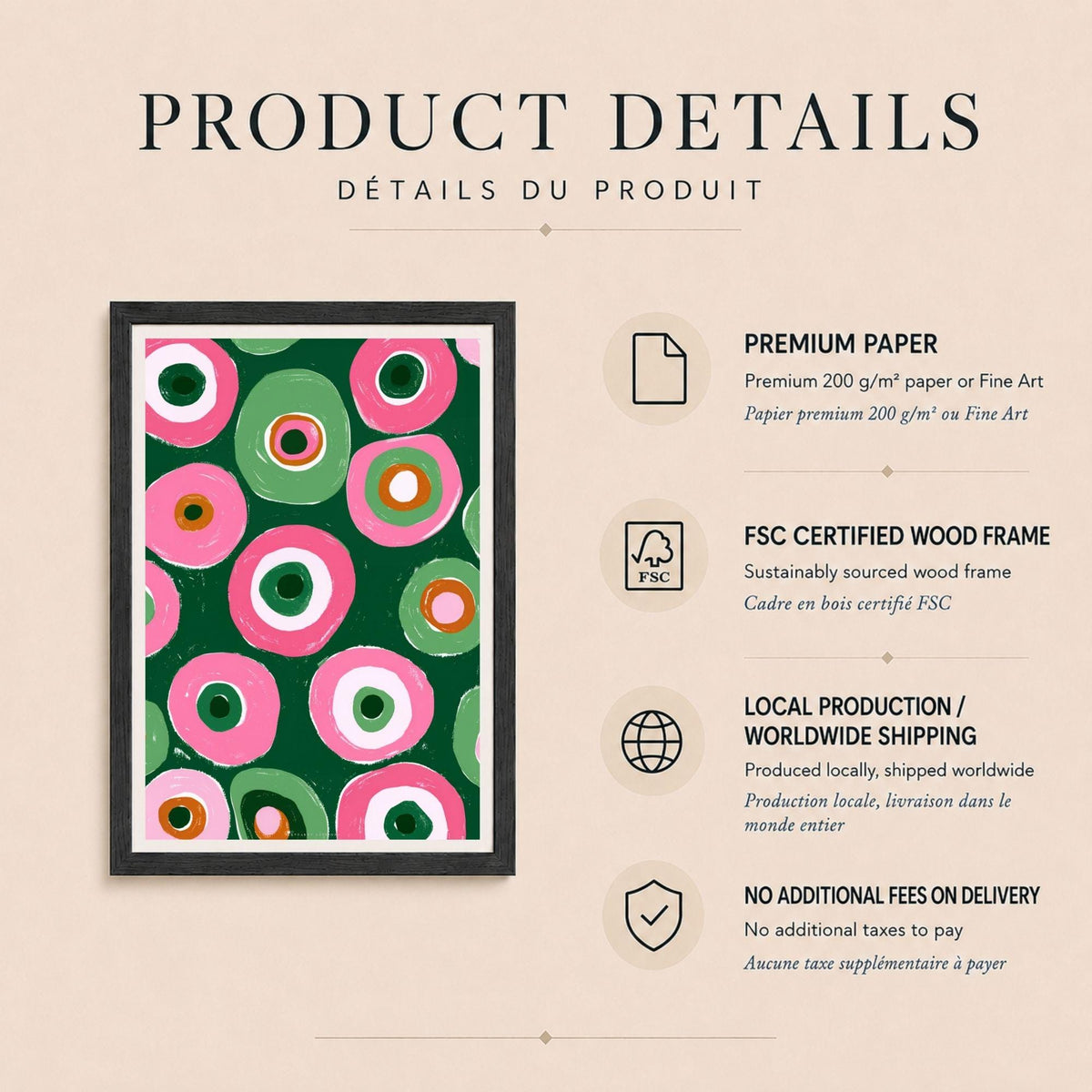 Affiche cercles abstraits rose et vert, poster géométrique rétro, art mural vert sapin