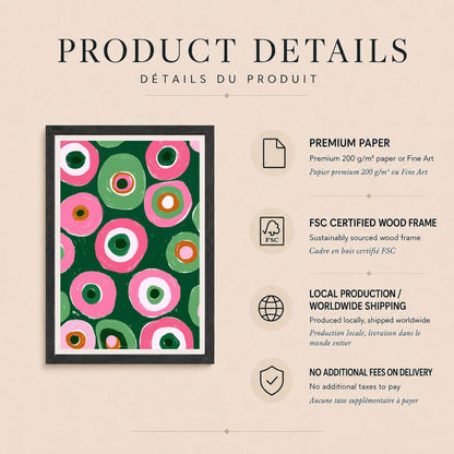 Affiche cercles abstraits rose et vert, poster géométrique rétro, art mural vert sapin