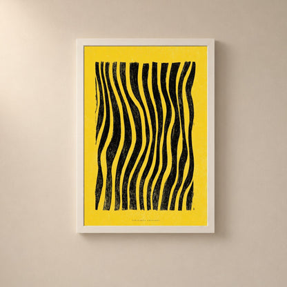 Affiche lignes noires ondulantes sur fond jaune, poster abstrait gravé, art mural jaune et noir