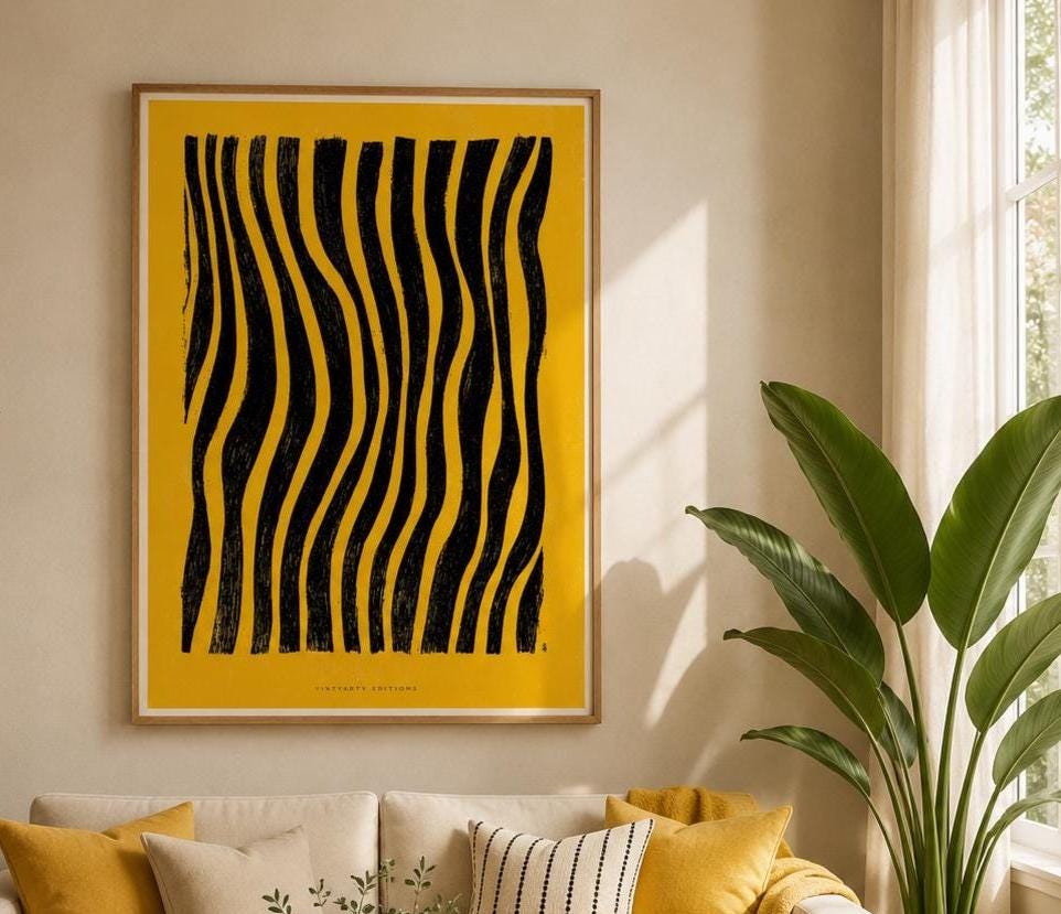 Affiche lignes noires ondulantes sur fond jaune, poster abstrait gravé, art mural jaune et noir