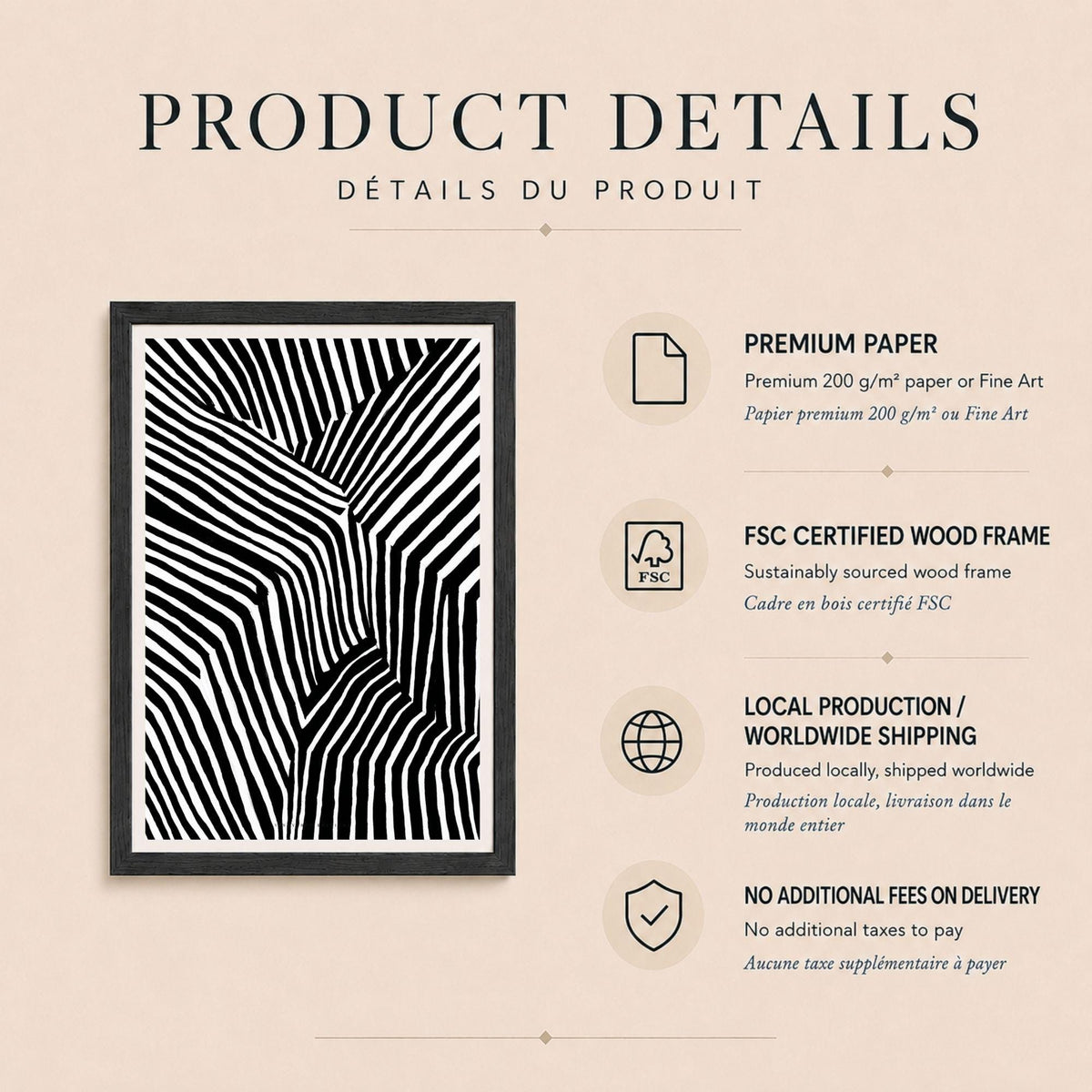 Affiche rayures noires et blanches, poster abstrait contrasté, art mural monochrome graphique