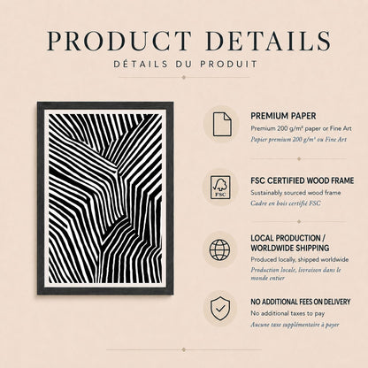 Affiche rayures noires et blanches, poster abstrait contrasté, art mural monochrome graphique