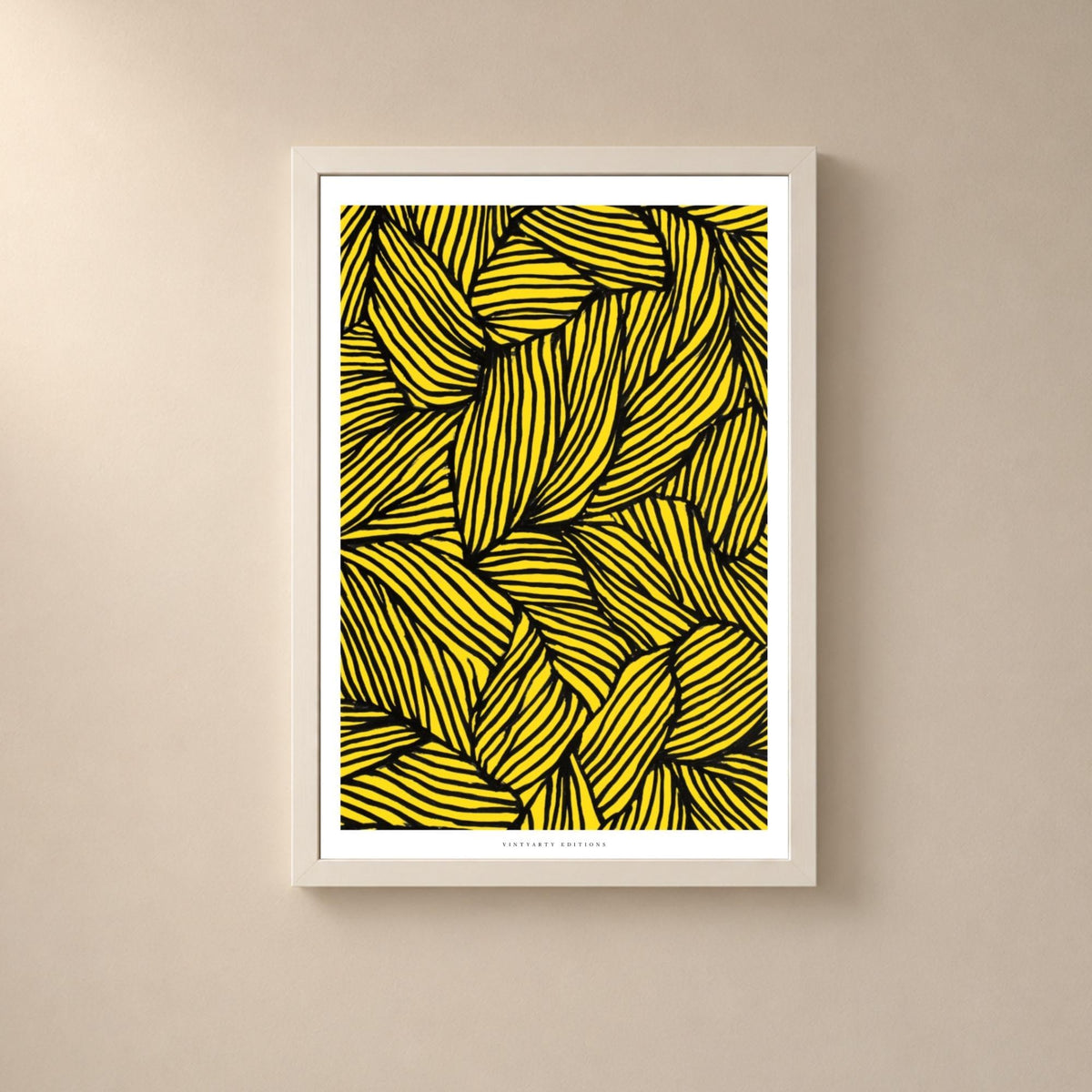 Affiche feuilles graphiques jaune et noir, poster abstrait au trait, art mural jaune contrasté