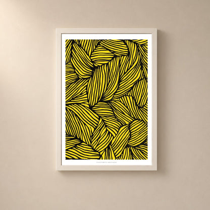 Affiche feuilles graphiques jaune et noir, poster abstrait au trait, art mural jaune contrasté