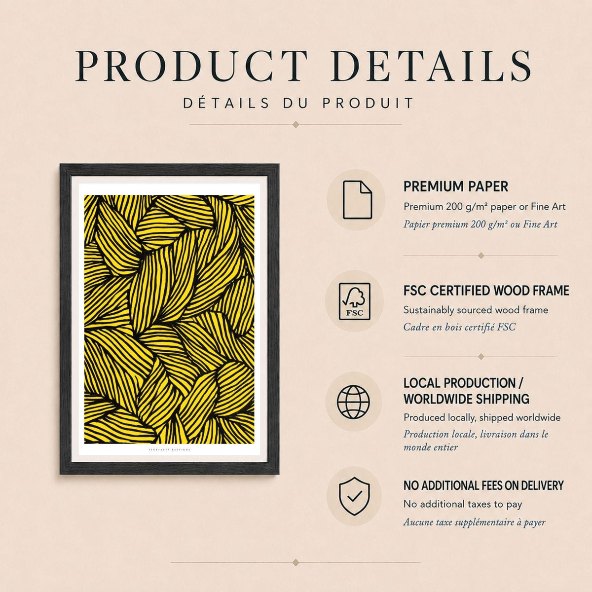 Affiche feuilles graphiques jaune et noir, poster abstrait au trait, art mural jaune contrasté