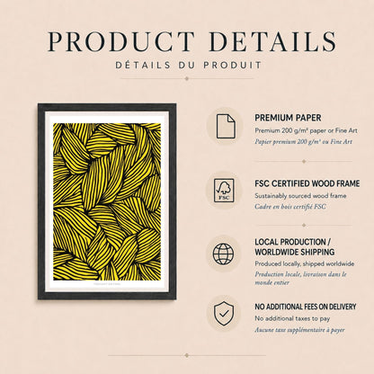 Affiche feuilles graphiques jaune et noir, poster abstrait au trait, art mural jaune contrasté