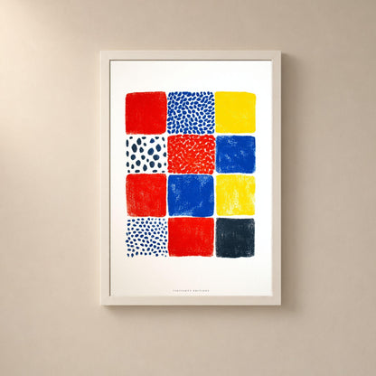 Affiche grille couleurs primaires, poster bauhaus géométrique, art mural rouge bleu jaune