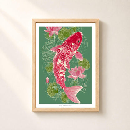Affiche carpe koï rose et lotus, art mural japonais vert, illustration asiatique contemporaine