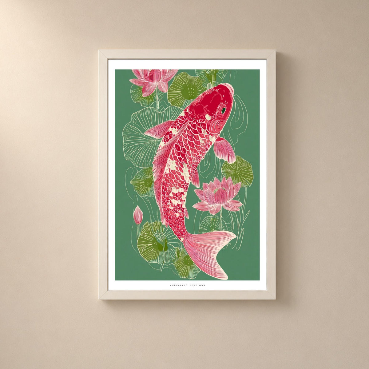 Affiche carpe koï rose et lotus, art mural japonais vert, illustration asiatique contemporaine
