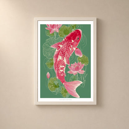 Affiche carpe koï rose et lotus, art mural japonais vert, illustration asiatique contemporaine