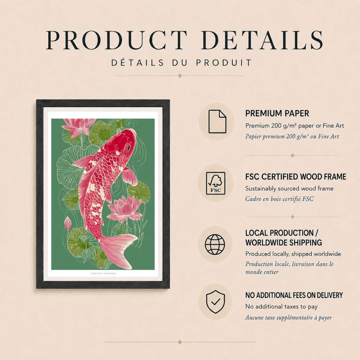 Affiche carpe koï rose et lotus, art mural japonais vert, illustration asiatique contemporaine