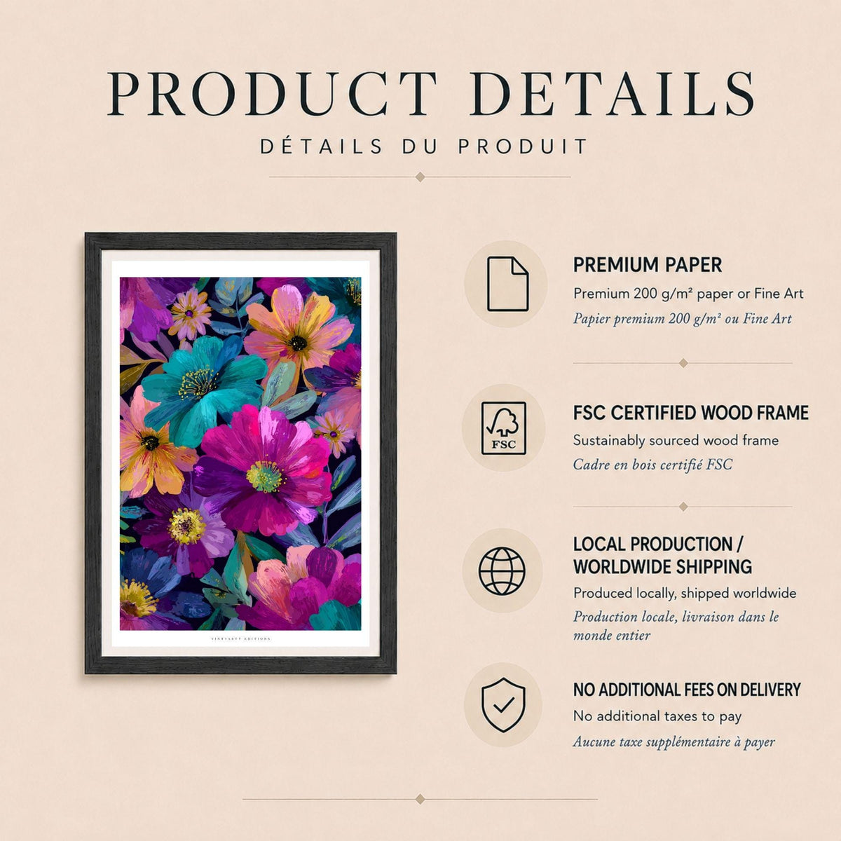 Affiche fleurs multicolores fond bleu nuit, art floral maximaliste, décoration murale colorée