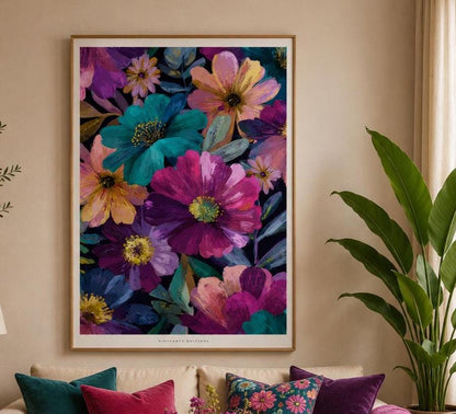 Affiche fleurs multicolores fond bleu nuit, art floral maximaliste, décoration murale colorée