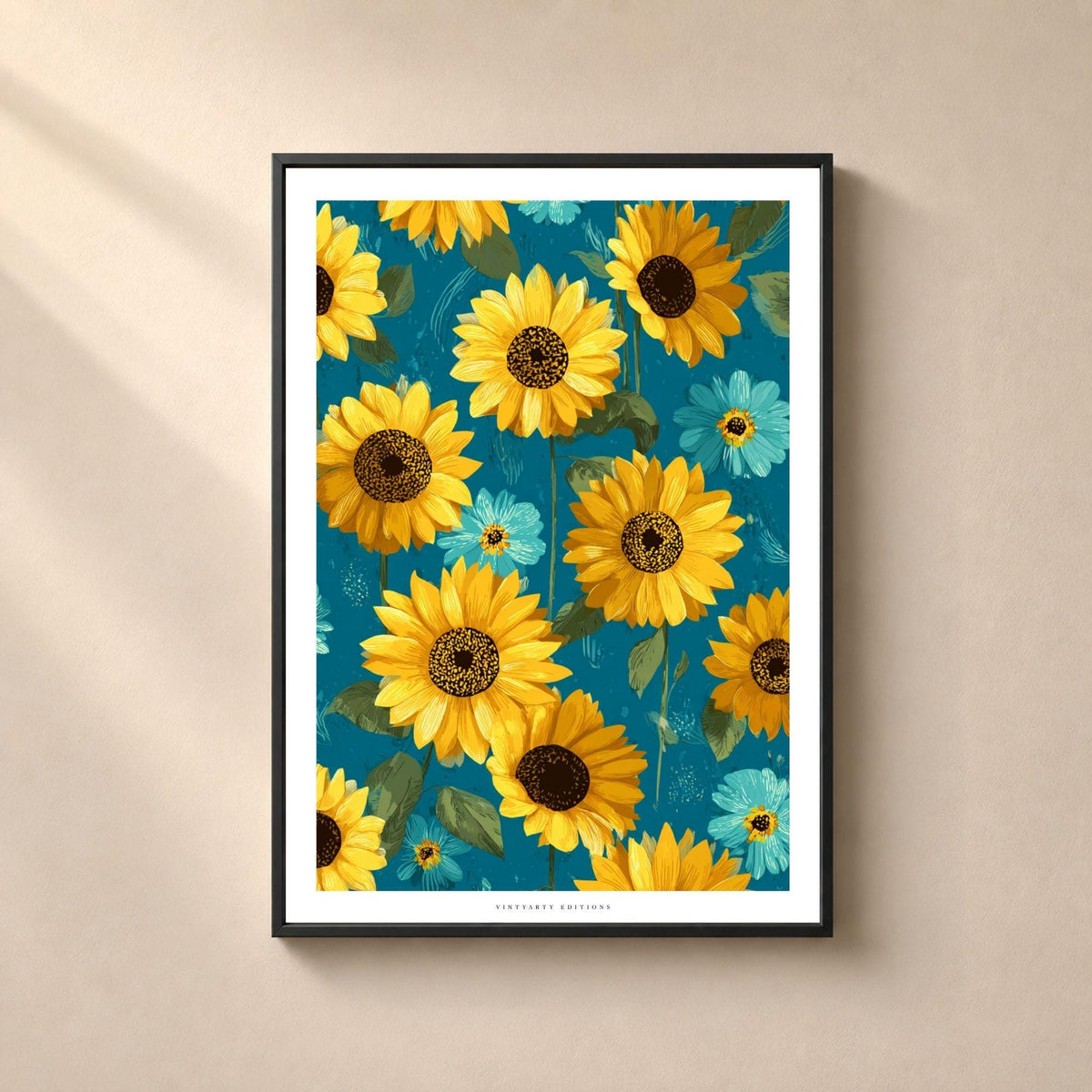 Affiche tournesols jaunes fond bleu pétrole, art floral coloré, décoration murale fleurie