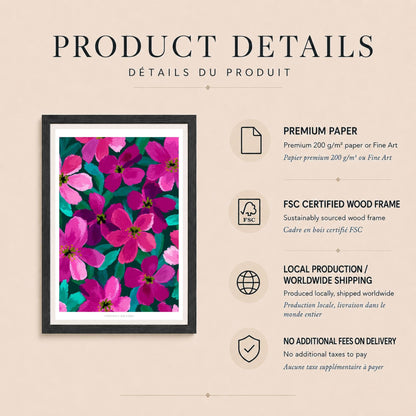 Affiche fleurs roses fond vert sombre, art floral fuchsia et turquoise, décoration murale colorée