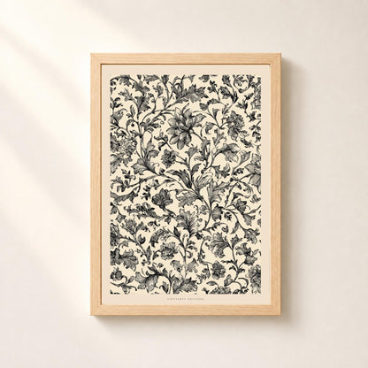 Affiche fleurs gravées noir et crème, motif botanique vintage, art mural floral élégant