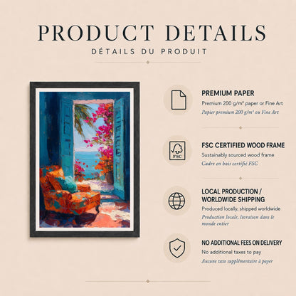 Affiche fenêtre méditerranéenne, intérieur bleu avec vue mer, fauteuil orange et bougainvilliers