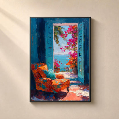 Affiche fenêtre méditerranéenne, intérieur bleu avec vue mer, fauteuil orange et bougainvilliers